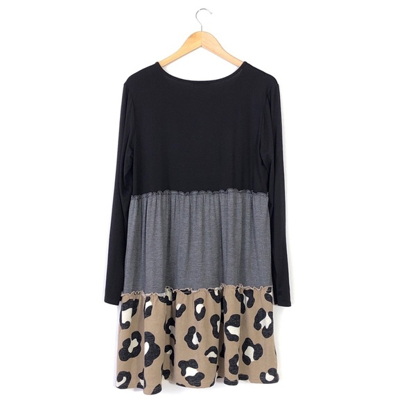Heimlish USA Black Gray Leopard Animal Print Ruffle Long Sleeve Babydoll Dress L - Picture 2 of 4